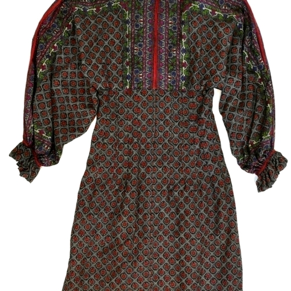 𝅺70s Batwing Vintage Paisley Geometric Impressionist Print Prairie Empire Dress - Picture 14 of 15